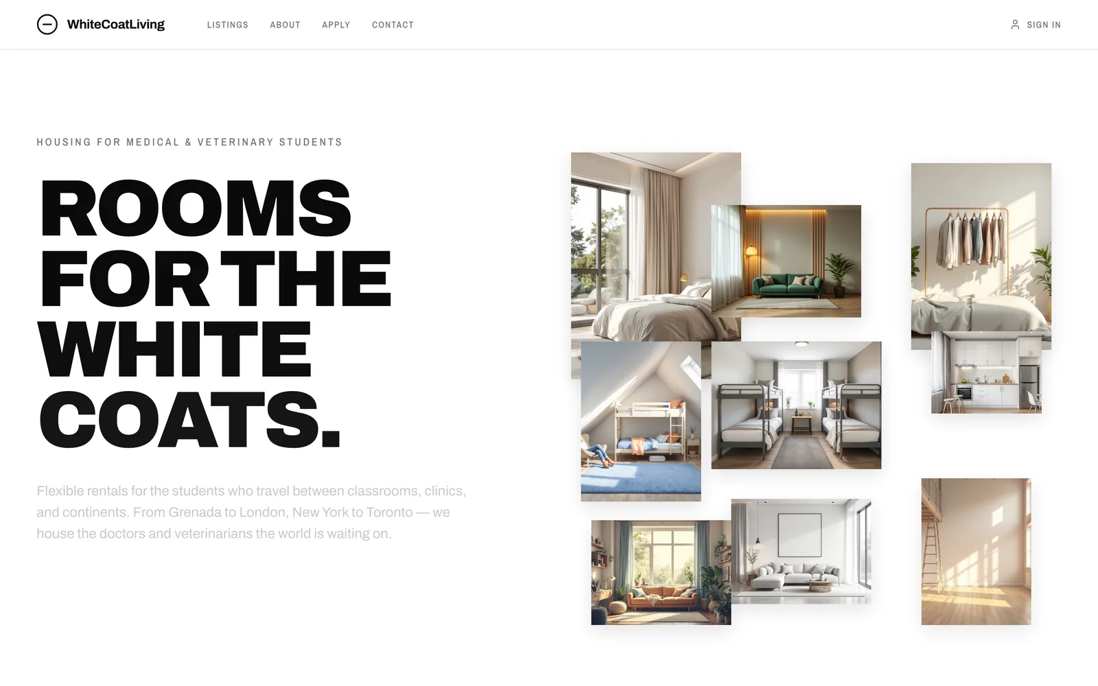 The WhiteCoatLiving web app home page: the headline Rooms for the white coats beside a collage of furnished rooms